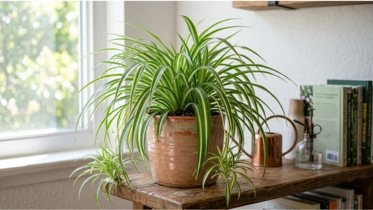 Healthy spider plant growing indoors in a pot with lush green leaves after proper care and watering.