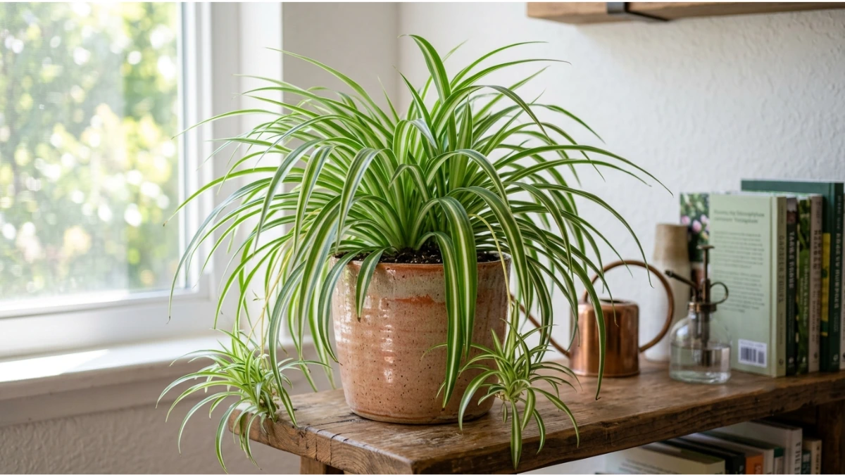 Healthy spider plant growing indoors in a pot with lush green leaves after proper care and watering.